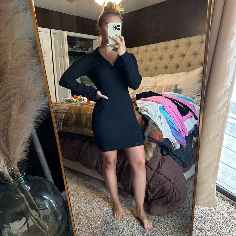 Black Collared Ribbed Dress